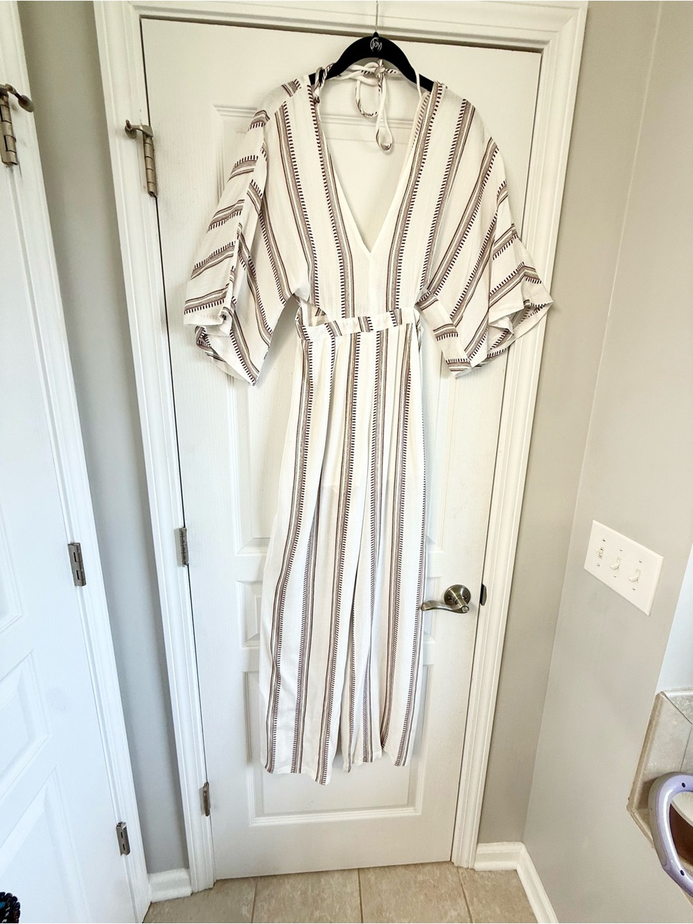 Lush Cream Jumpsuit with Brown Stripe Detail
